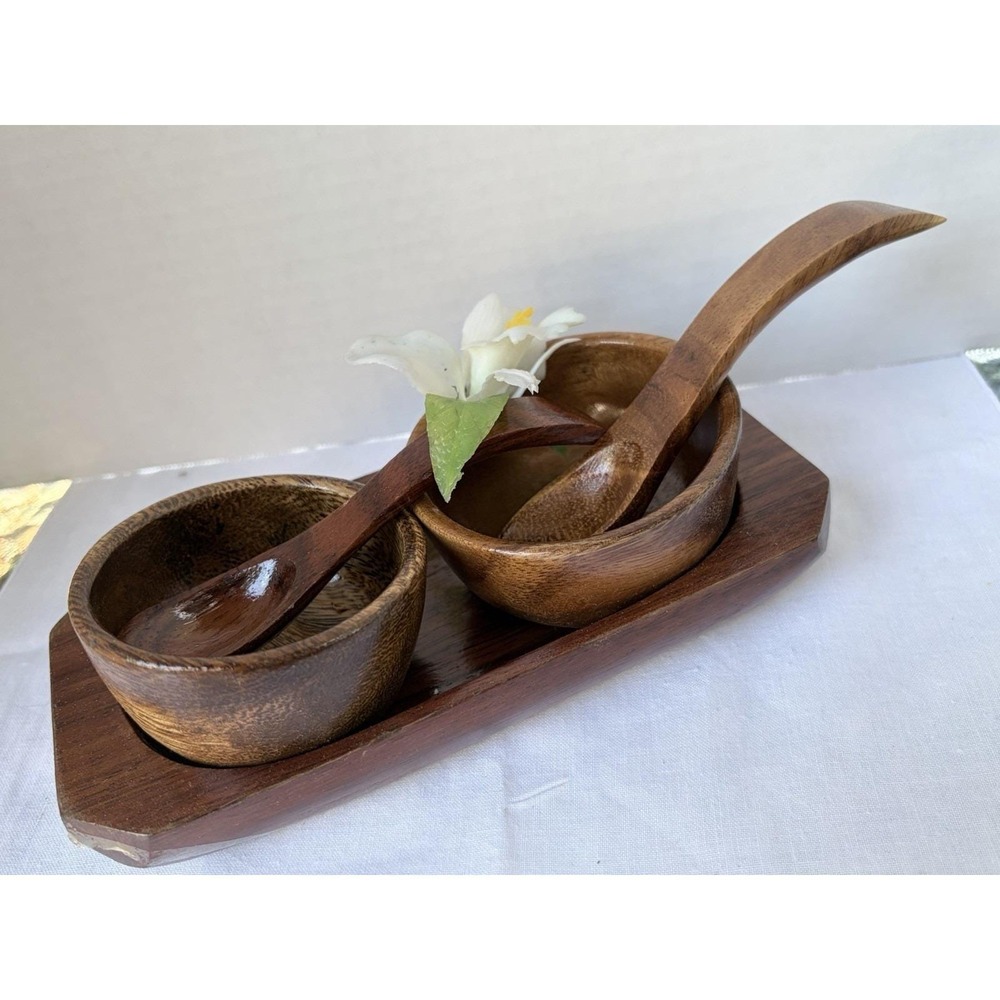 Aii Vintage Wood Bowl Spoon Brown Monkey Pod Made in Philippines Hawaiian